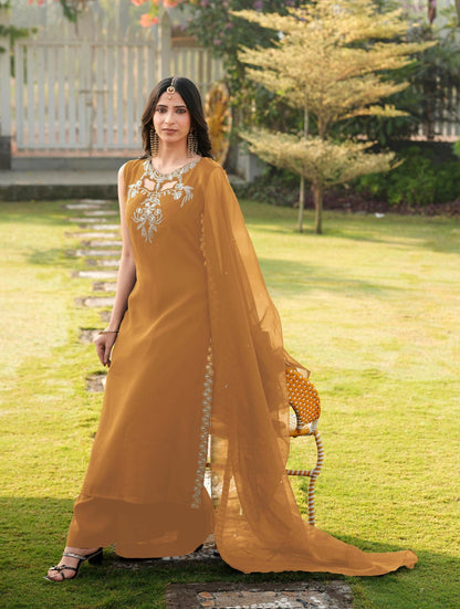 Nikhaar Light Brown Embroidered Art Silk Stitched A Line Kurta Palazzo Dupatta Readymade Suit
