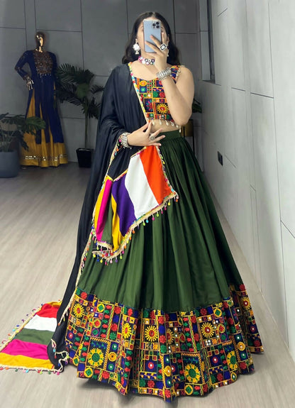 Yash Enterprise Mehndi Rayon Cotton Embroidery Semi Stitched Navratri Chaniya Choli