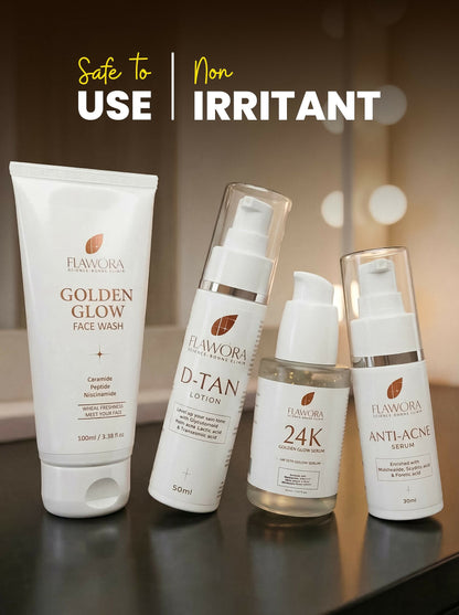 Flawora Set of Golden Glow Face Wash, Anti Acne Serum, 24k Golden Glow Face Serum and D-Tan Lotion