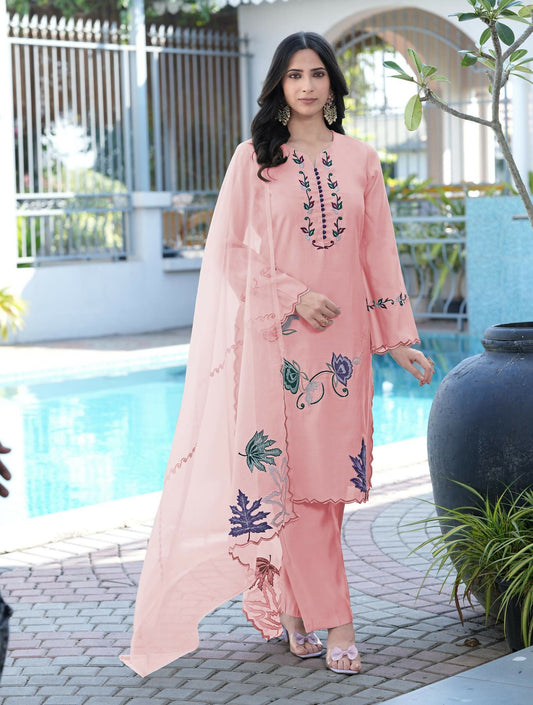 Nikhaar Light Pink Embroidered Art Silk Stitched Straight Cut Kurta Pants Dupatta Readymade Suit