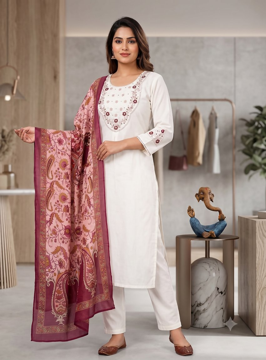 Teeya Creation Women White Embroidered Kurta Pant Set With Dupatta