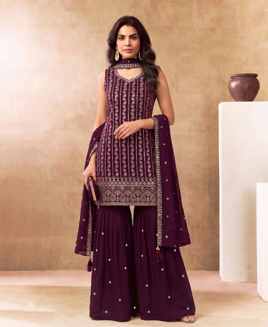 KC Latest Cocktail Wear Wine Chinon Sharara Suit For Women