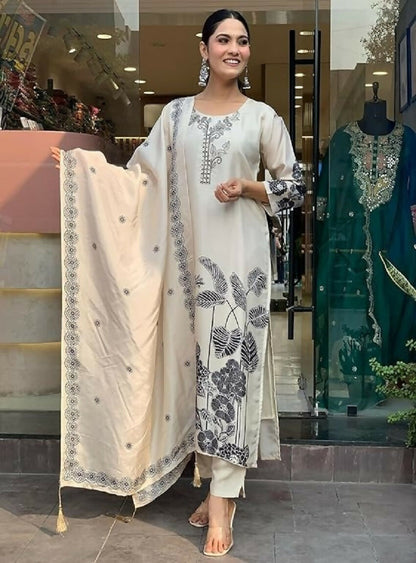 Teeya Creation New Womens Off-White Handloom Silk Embroidered Kurti Pant Set