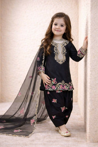 Teeya Creation New Kids Trendy Wedding Wear Traditional Kurta Salwar Set-Black