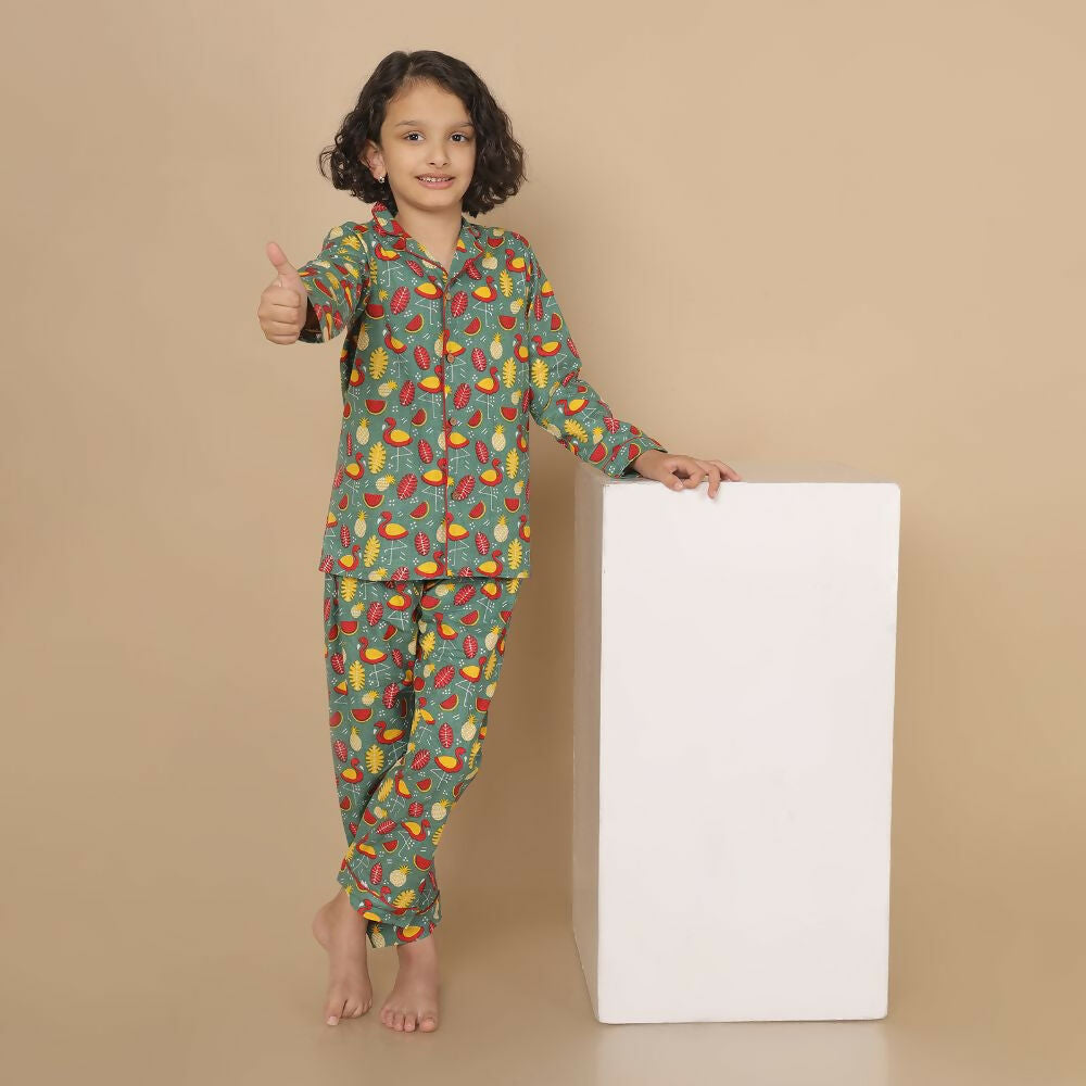 Breathables Kids Cotton Watermelon & Pineapple Print Night Suit  Green Full Sleeves Shirt & Pant Co-Ord Set | Nightwear