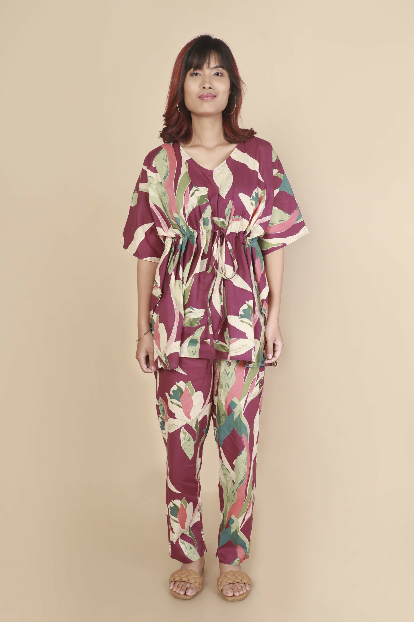 Breathables WomenS Loungewear Kaftan Cotton Wine Abstract Print Co-Ord Set