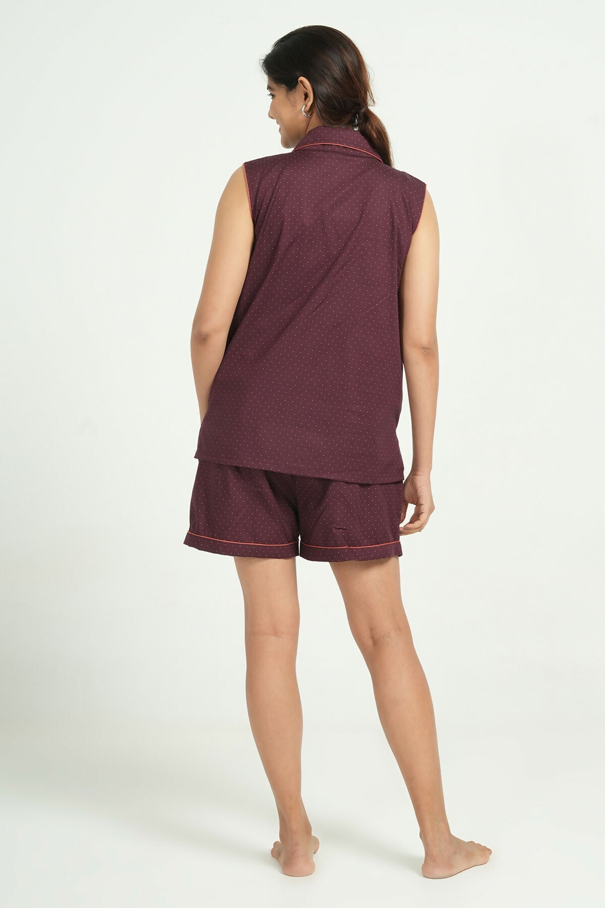 Breathables Women Cotton Night Suit Shirt And Shorts Co-Ord Set Maroon I Nightwear | Loungewear Set