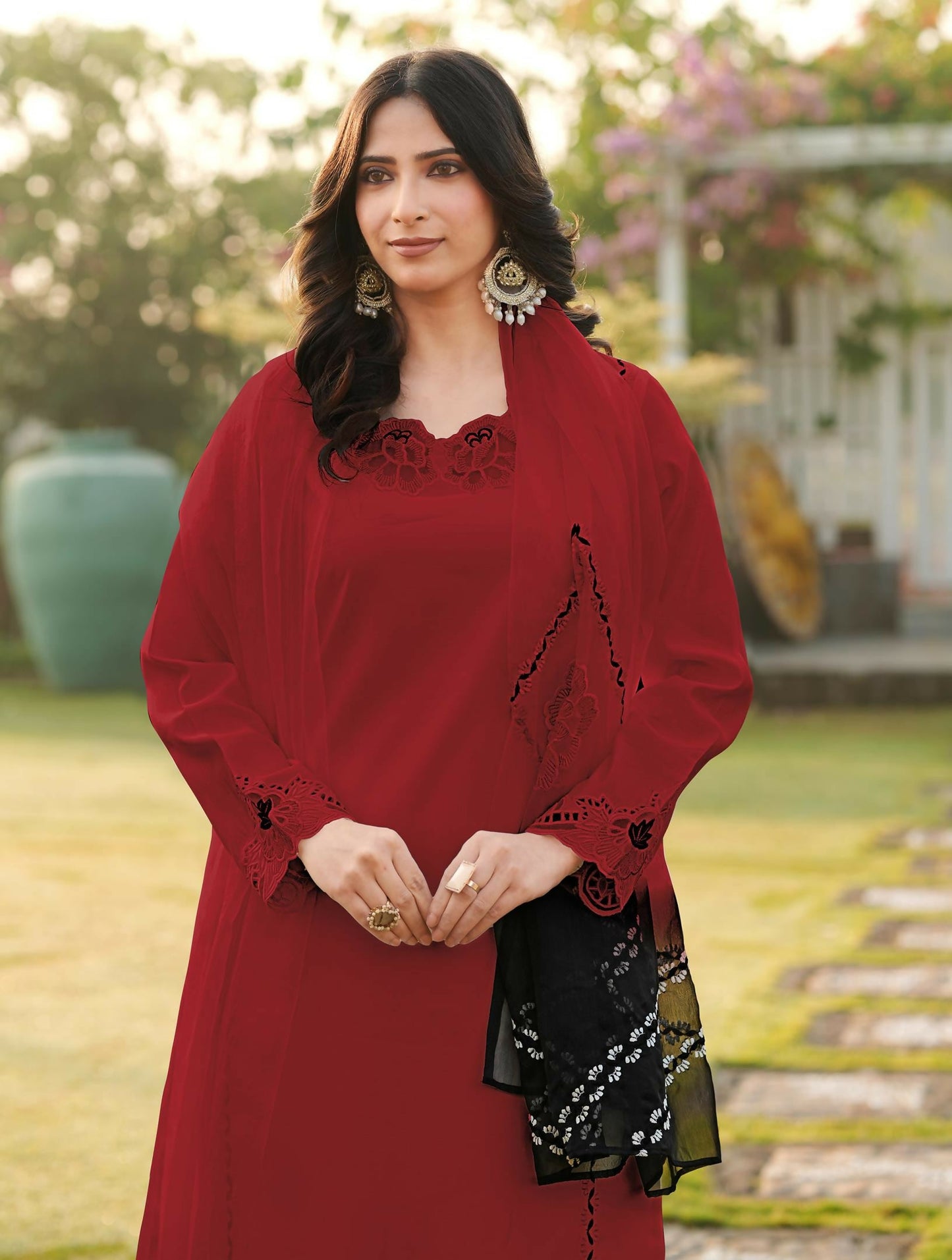 Nikhaar Maroon Embroidered Art Silk Stitched Straight Cut Kurta Palazzo Dupatta Readymade Suit