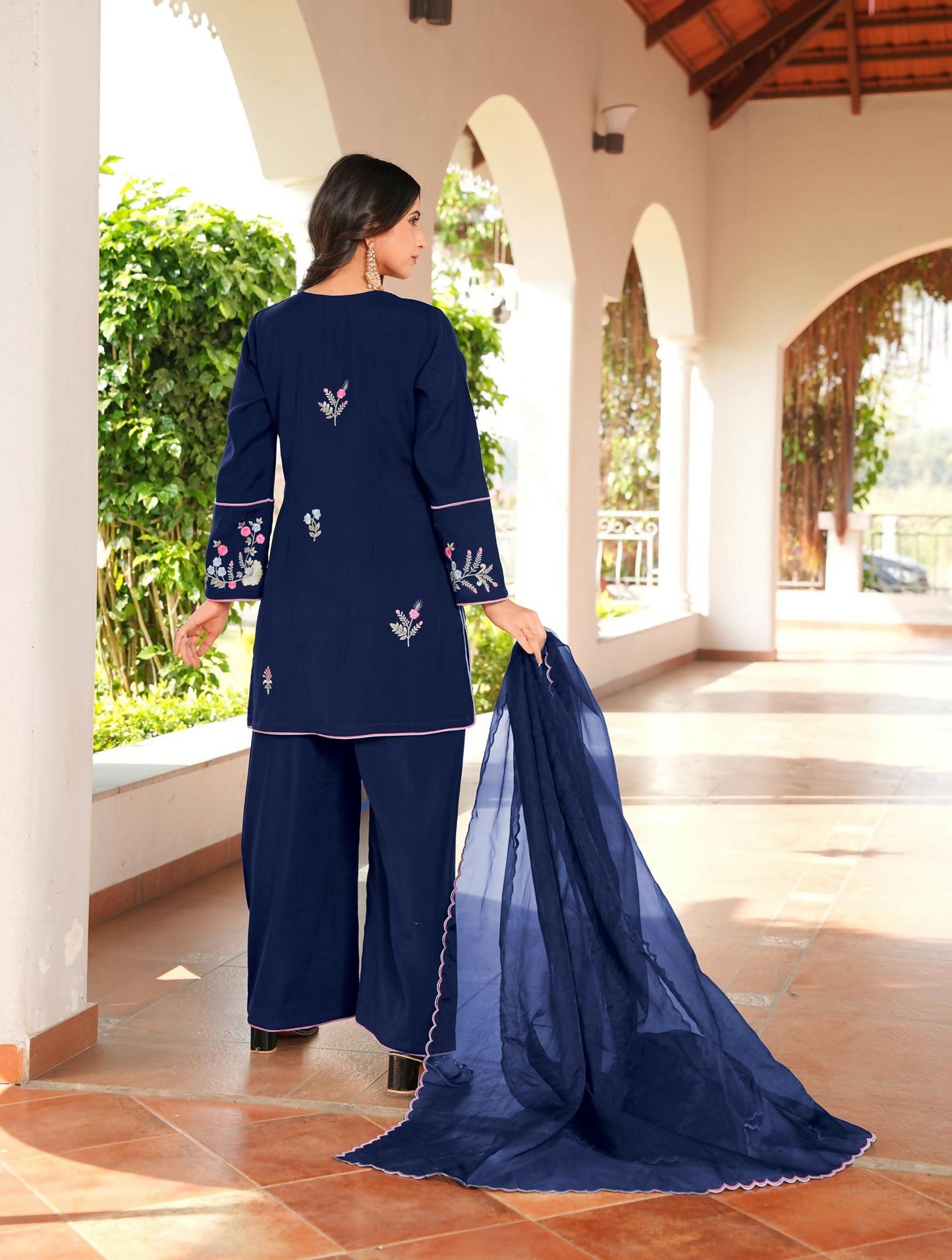 Nikhaar Navy Blue Embroidered Art Silk Stitched Straight Cut Kurta Culottes Dupatta Readymade Suit
