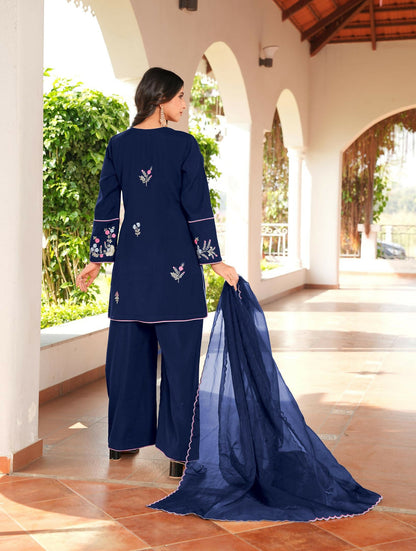 Nikhaar Navy Blue Embroidered Art Silk Stitched Straight Cut Kurta Culottes Dupatta Readymade Suit