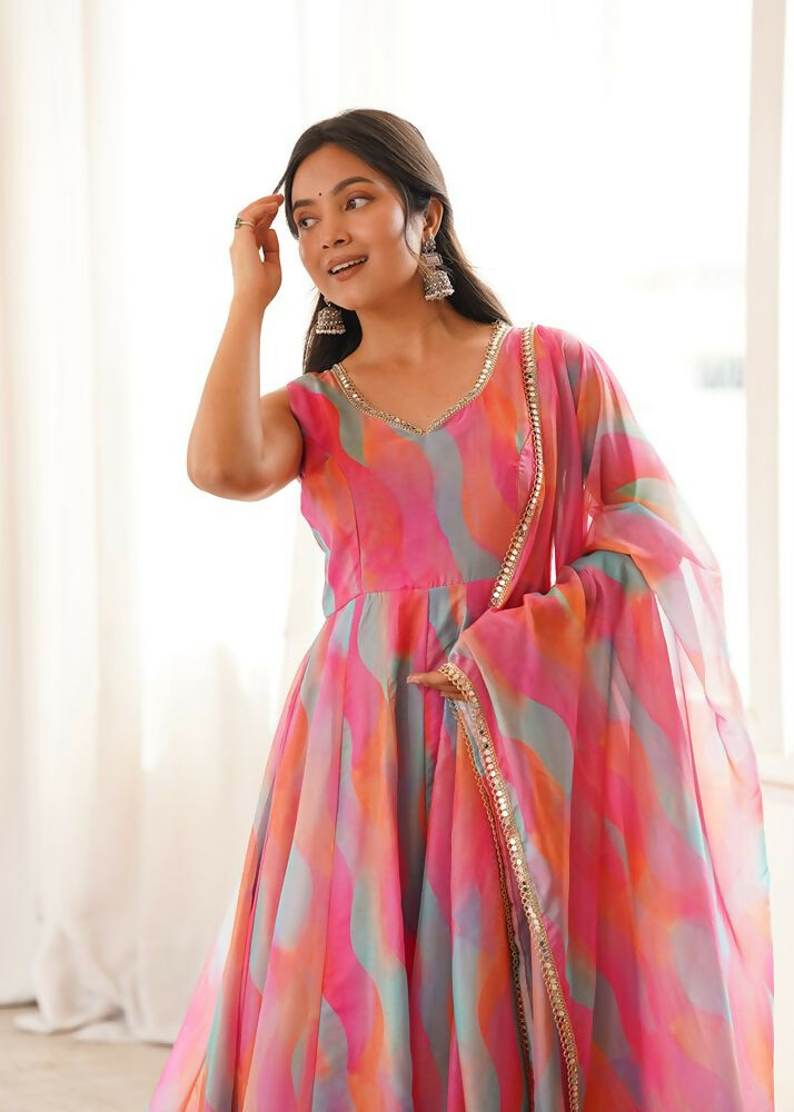 Teeya Creation New Womens Vibrant Multi-Colored Abstract Print Sleeveless Anarkali Suit with Dupatta