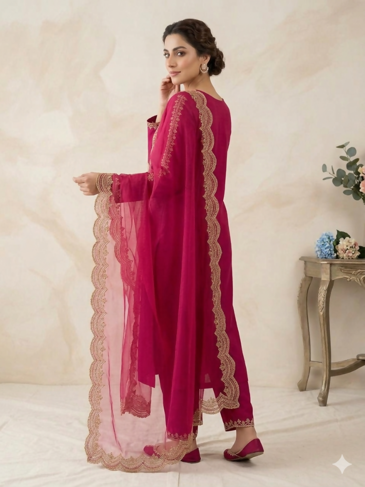 Teeya Creation New Womens Rani Pink Straight Cut Kurta Set with Scalloped Embroidered Organza Dupatta Set