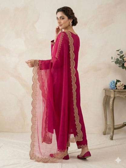 Teeya Creation New Womens Rani Pink Straight Cut Kurta Set with Scalloped Embroidered Organza Dupatta Set