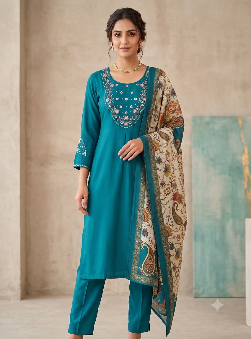 Teeya Creation Women Rama Green Embroidered Kurta Pant Set With Dupatta