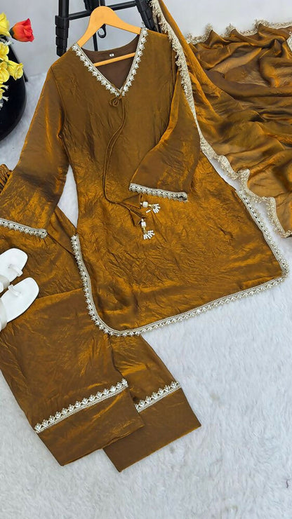 Teeya Creation New Trendy Elegant Gold Chanderi Silk Kurta Set with Delicate Lace Detailing and Matching Dupatta
