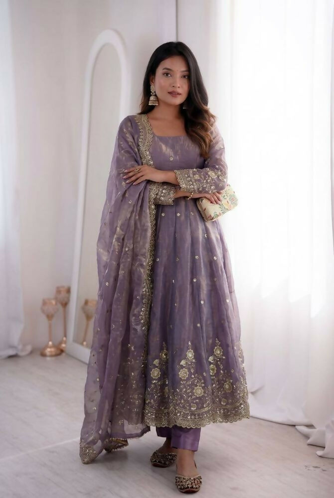 Teeya Creation Womens New Latest Trendy Elegant Lavendar Embroidered Anarkali Suit Set with Scalloped Dupatta