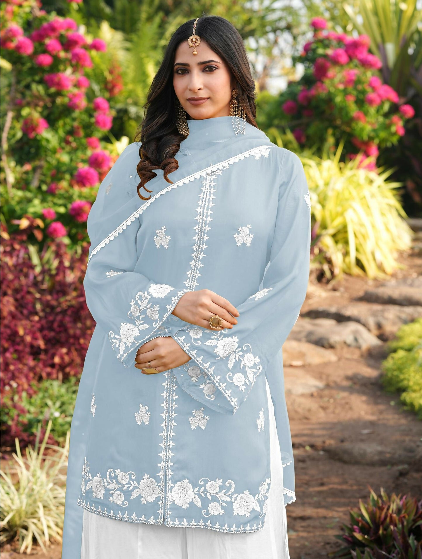 Nikhaar Light Blue Embroidered Modal Silk Stitched Straight Cut Kurta Kalidar Palazzo Dupatta Readymade Suit