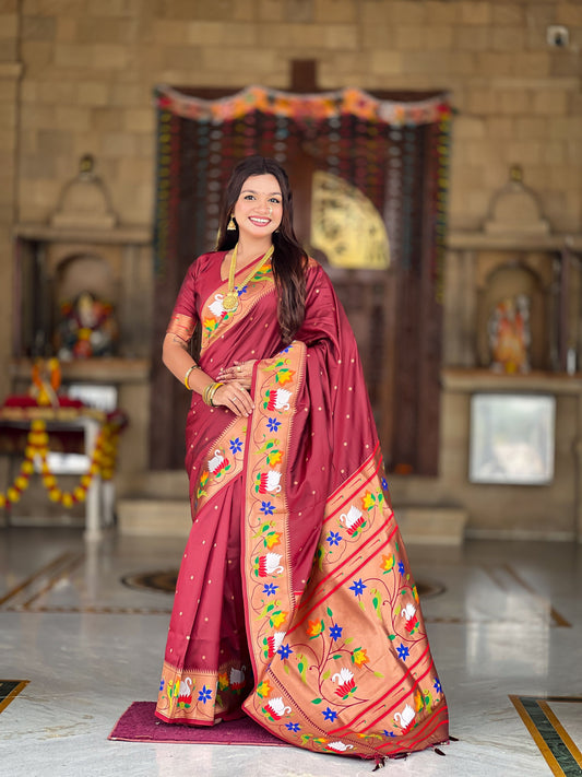 Mameraa Sarees Coffee Faux Banarasi Silk Saree With Paithani Rich Weaved Pallu And Blouse-Maroon