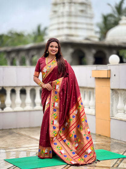 Mameraa Sarees Coffee Faux Banarasi Silk Saree With Paithani Rich Weaved Pallu And Blouse-Maroon