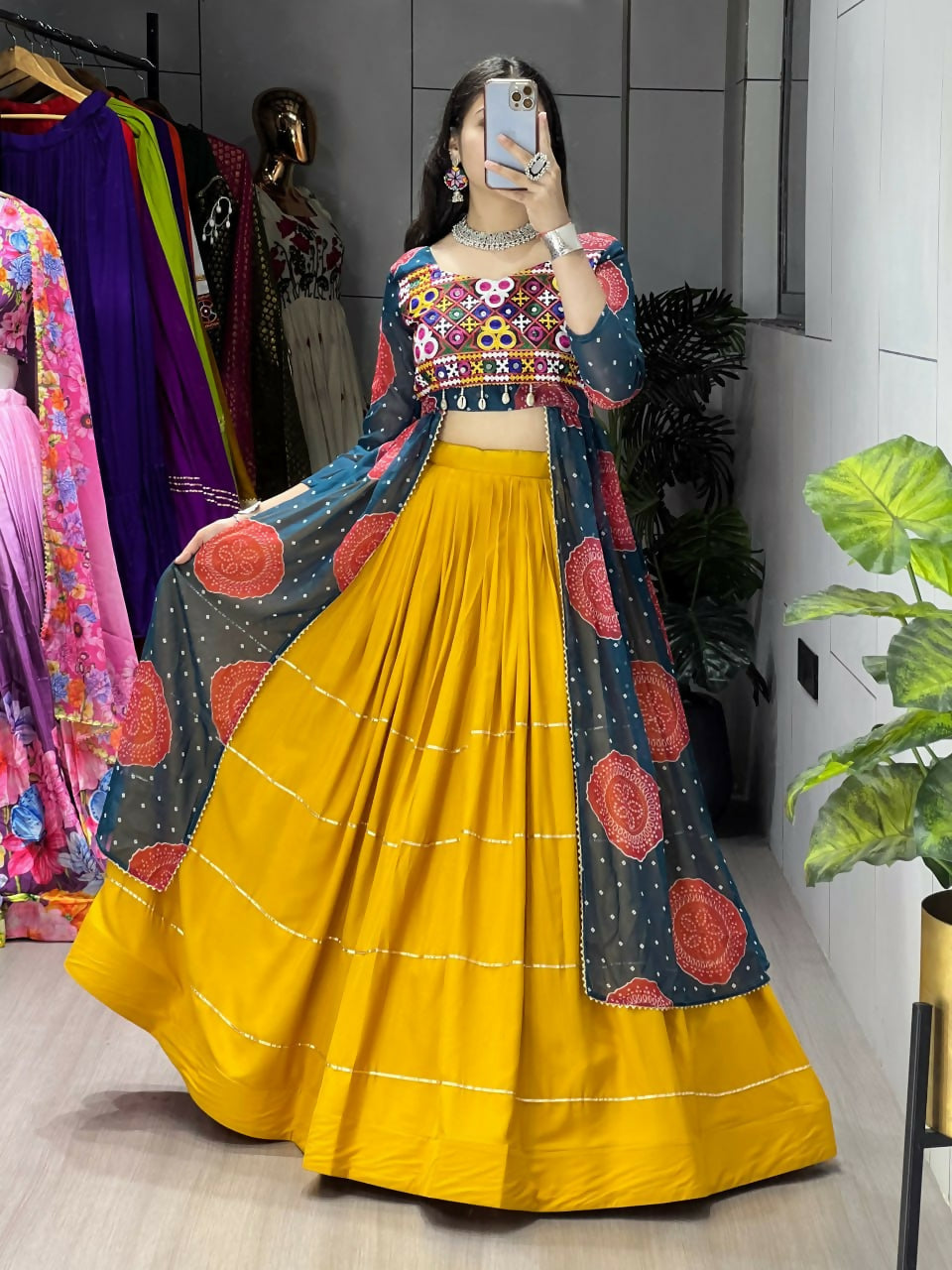 Yash Enterprise Mustard Rama Rayon Cotton Embroidery Semi Stitched Navratri Chaniya Choli