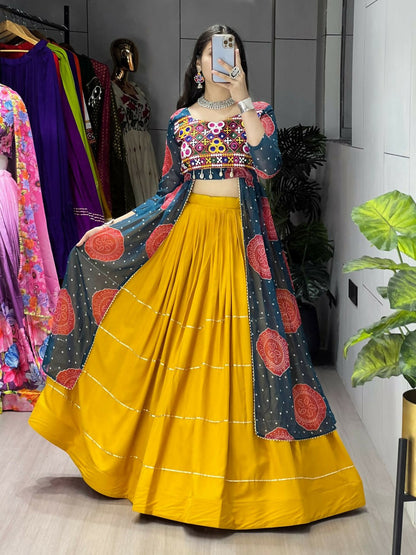 Yash Enterprise Mustard Rama Rayon Cotton Embroidery Semi Stitched Navratri Chaniya Choli