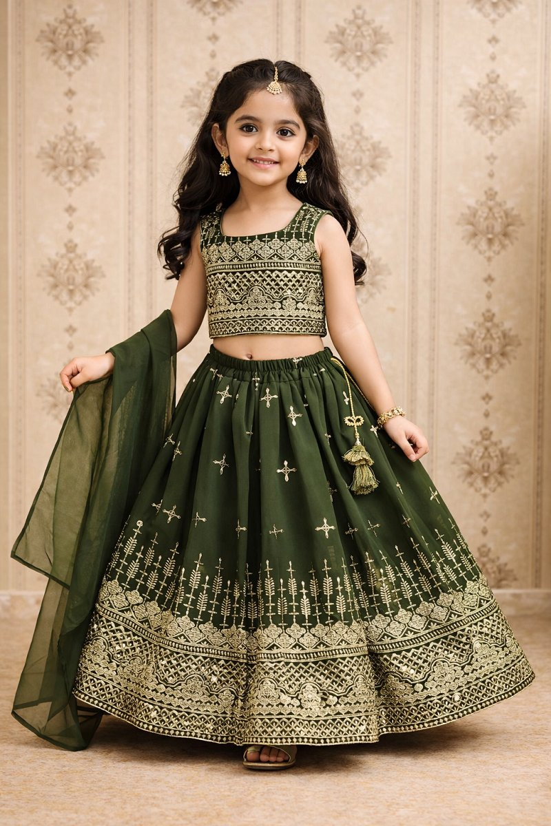 Evanik Green Designer Georgette Embroidered Work Wedding Lehenga Choli For Kids