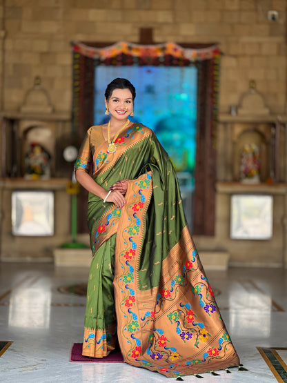 Mameraa Sarees Parrot Green Faux Banarasi Silk Saree With Paithani Rich Weaved Pallu And Blouse-Parrot_Green