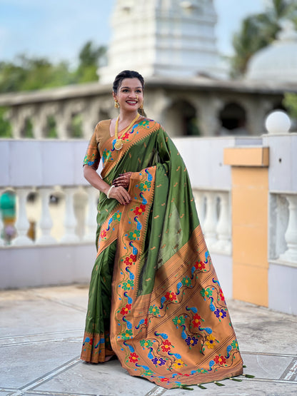 Mameraa Sarees Parrot Green Faux Banarasi Silk Saree With Paithani Rich Weaved Pallu And Blouse-Parrot_Green