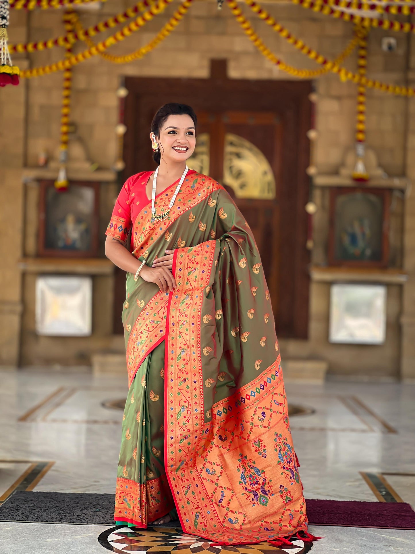 Mameraa Sarees Mahendi Green Faux Banarasi Silk Saree With Paithani Rich Weaved Pallu And Blouse-Teal