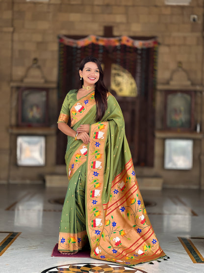 Mameraa Sarees Mahendi Green Faux Banarasi Silk Saree With Paithani Rich Weaved Pallu And Blouse-Green
