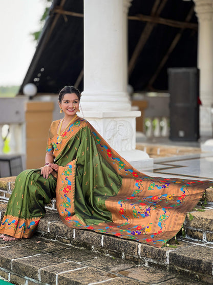 Mameraa Sarees Parrot Green Faux Banarasi Silk Saree With Paithani Rich Weaved Pallu And Blouse-Parrot_Green