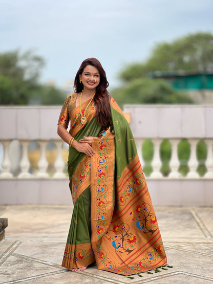 Mameraa Sarees Dark_Green Faux Banarasi Silk Saree With Paithani Rich Weaved Pallu And Blouse-Dark_Green