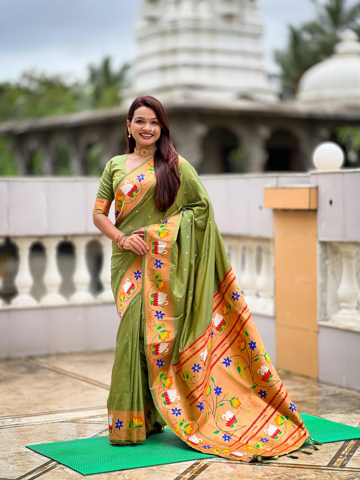 Mameraa Sarees Mahendi Green Faux Banarasi Silk Saree With Paithani Rich Weaved Pallu And Blouse-Green
