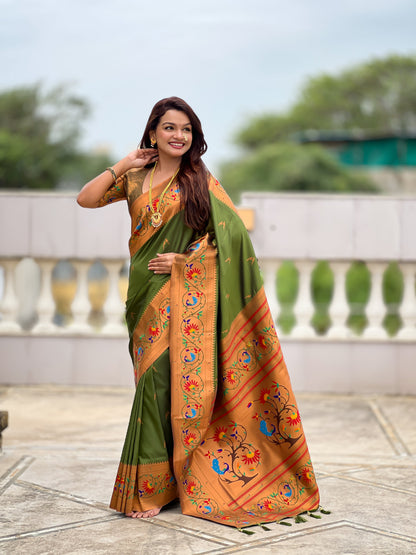Mameraa Sarees Dark_Green Faux Banarasi Silk Saree With Paithani Rich Weaved Pallu And Blouse-Dark_Green