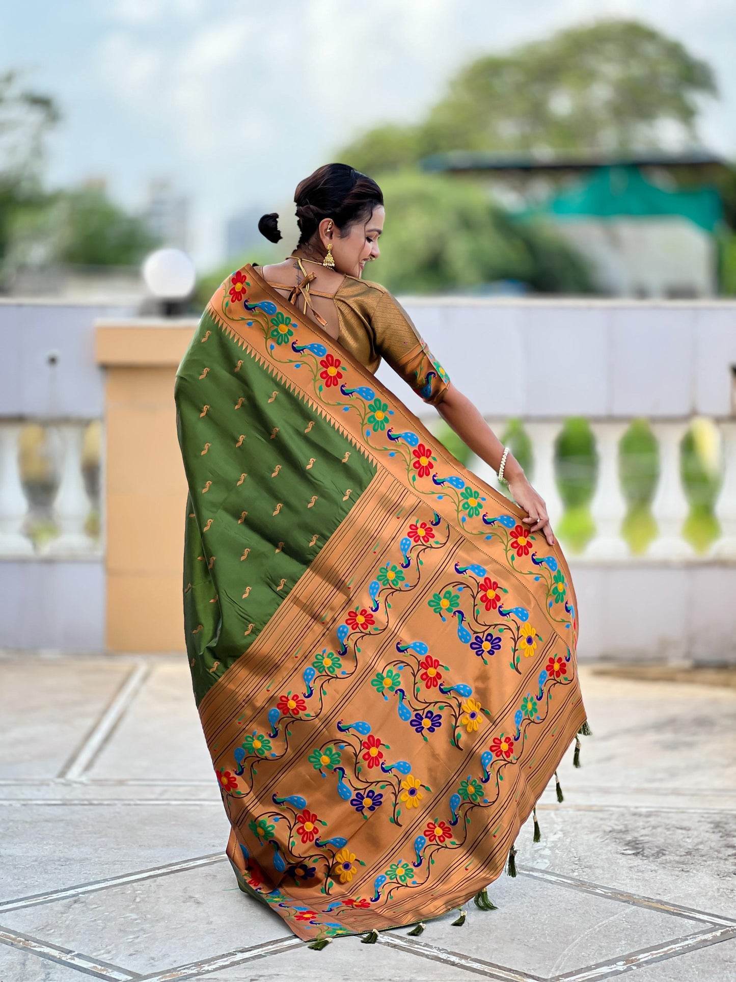 Mameraa Sarees Parrot Green Faux Banarasi Silk Saree With Paithani Rich Weaved Pallu And Blouse-Parrot_Green