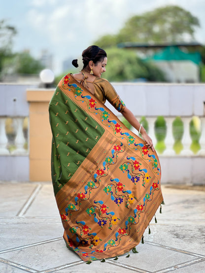 Mameraa Sarees Parrot Green Faux Banarasi Silk Saree With Paithani Rich Weaved Pallu And Blouse-Parrot_Green