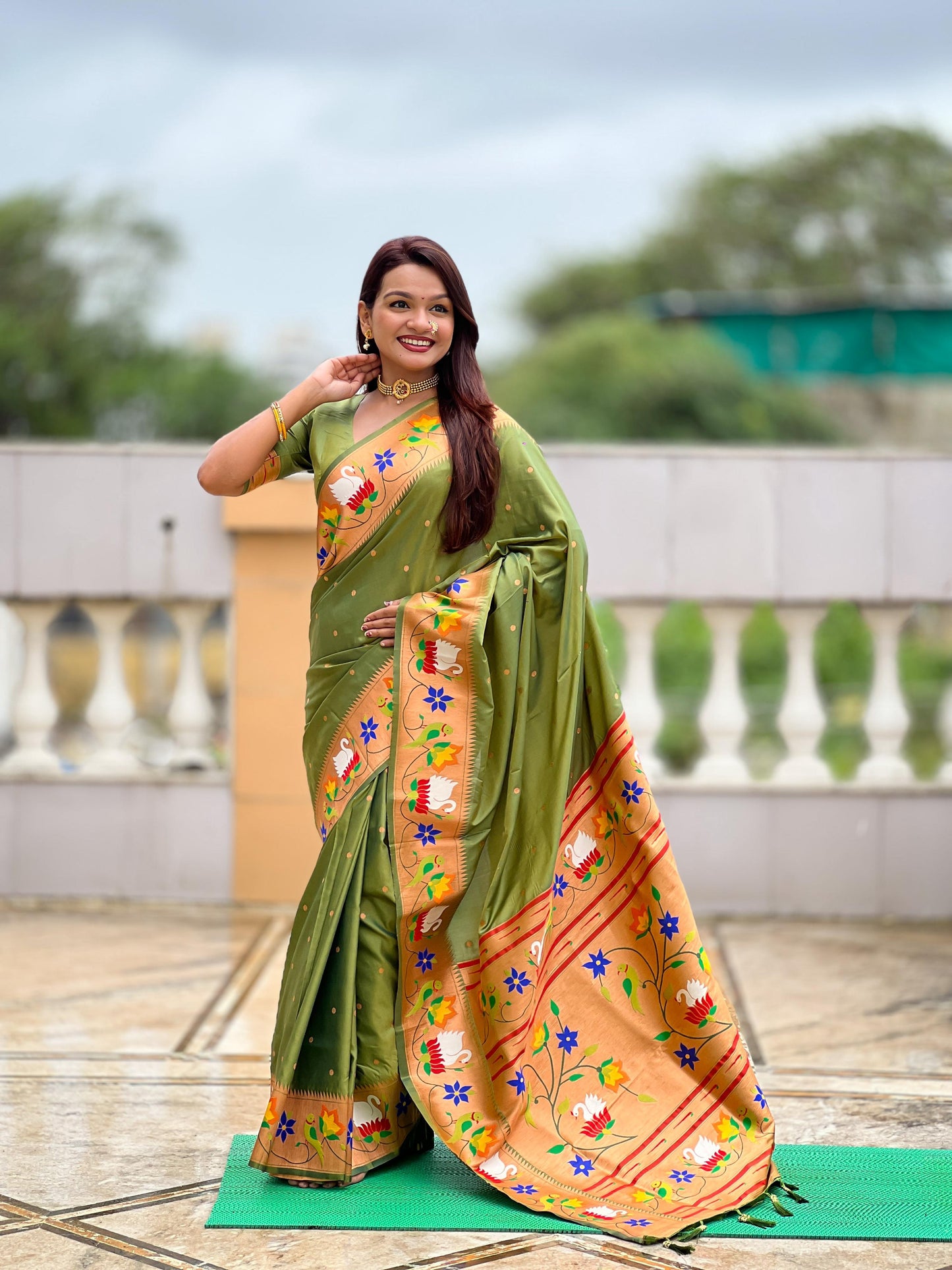 Mameraa Sarees Mahendi Green Faux Banarasi Silk Saree With Paithani Rich Weaved Pallu And Blouse-Green