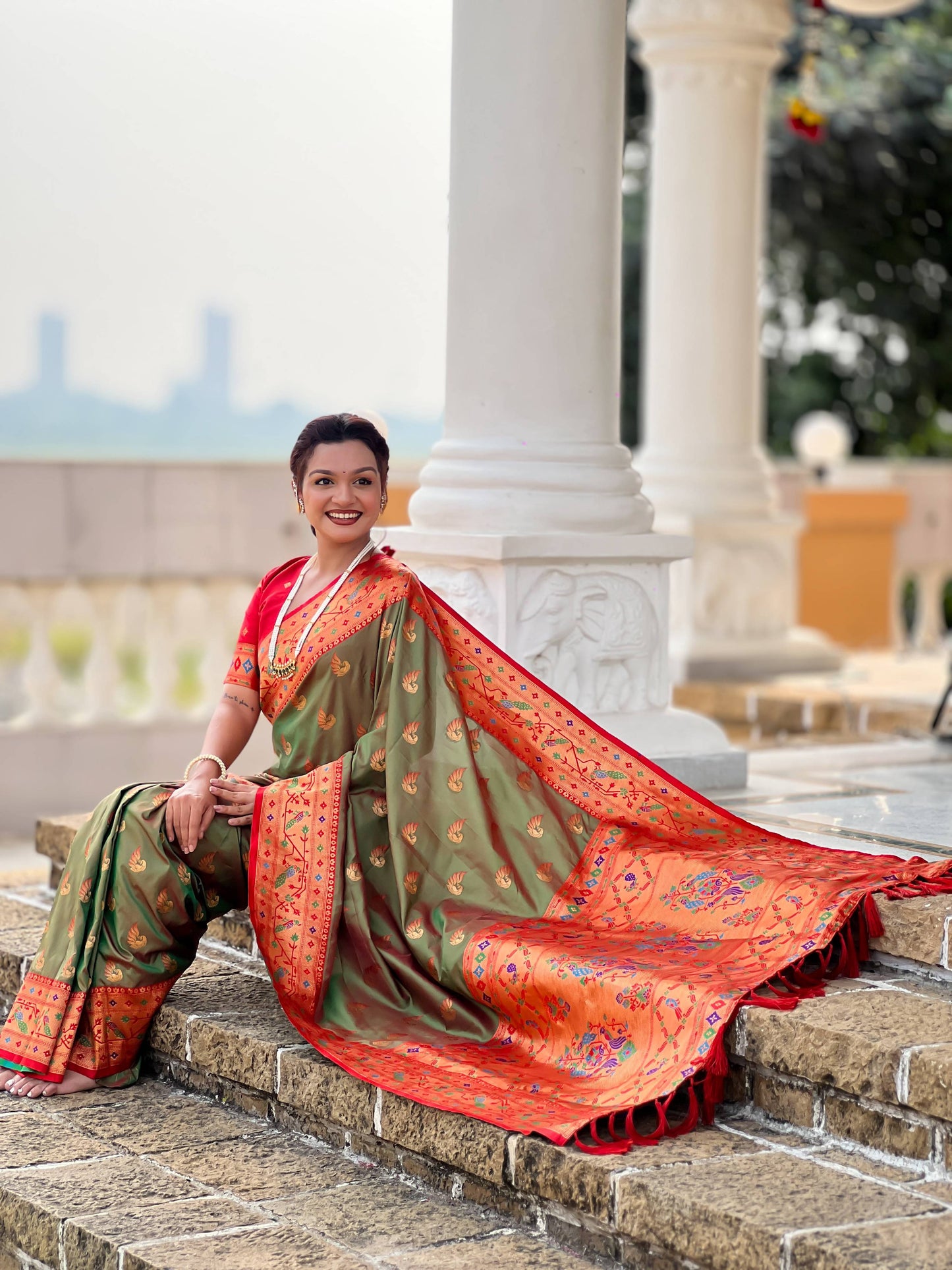 Mameraa Sarees Mahendi Green Faux Banarasi Silk Saree With Paithani Rich Weaved Pallu And Blouse-Teal