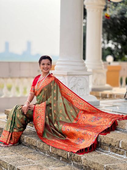 Mameraa Sarees Mahendi Green Faux Banarasi Silk Saree With Paithani Rich Weaved Pallu And Blouse-Teal