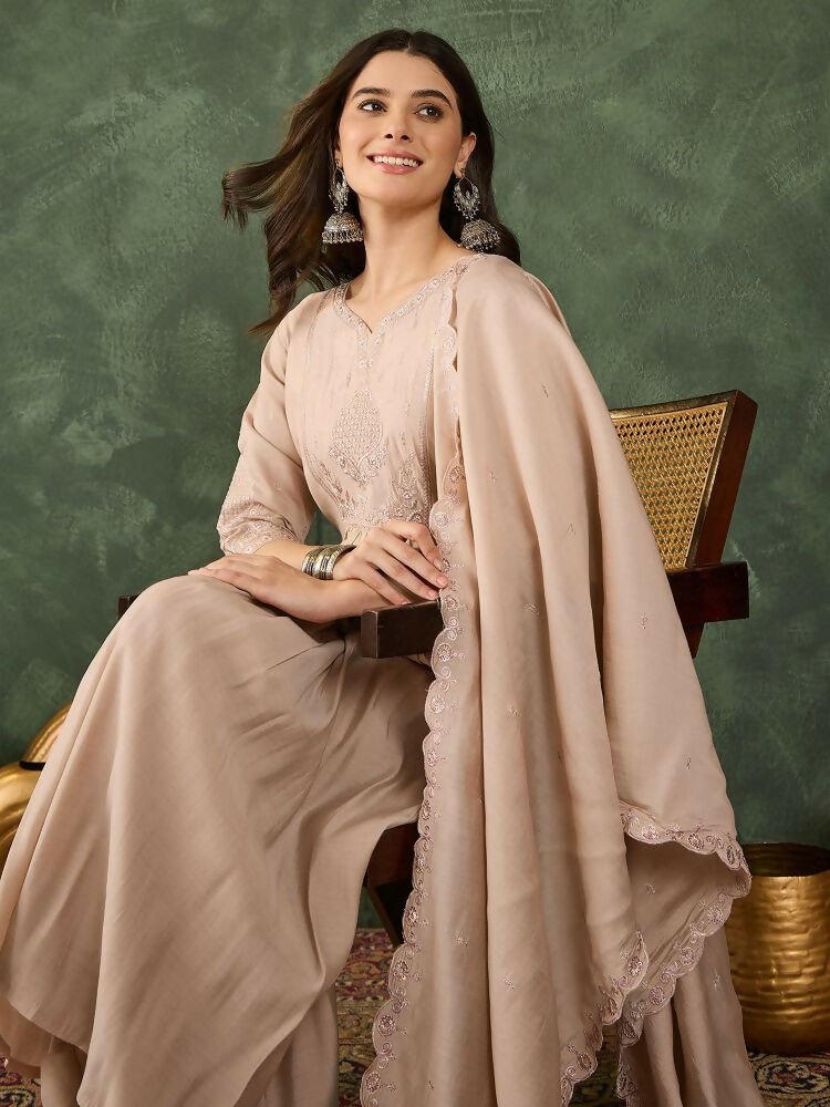 The52 Women's Beautiful Embroidery Work Silk Fabric Straight Kurta Palazzo and Dupatta Set