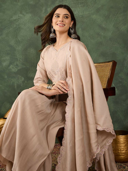 The52 Women's Beautiful Embroidery Work Silk Fabric Straight Kurta Palazzo and Dupatta Set