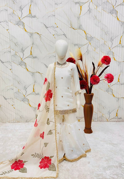 Teeya Creation New Kids Trendy Wedding Wear Traditional Kurta Sharara Set-White