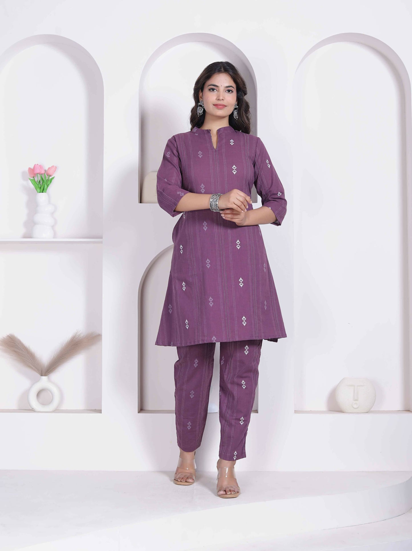 Miravan Womens Abstract Printed Wine Kurta Set