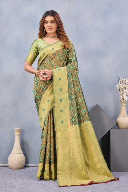 Divine International Trading Co Light Green Soft Silk Blend Banarasi Jacuard Work Designer Party Wear Saree With Unstitched Blouse Piece
