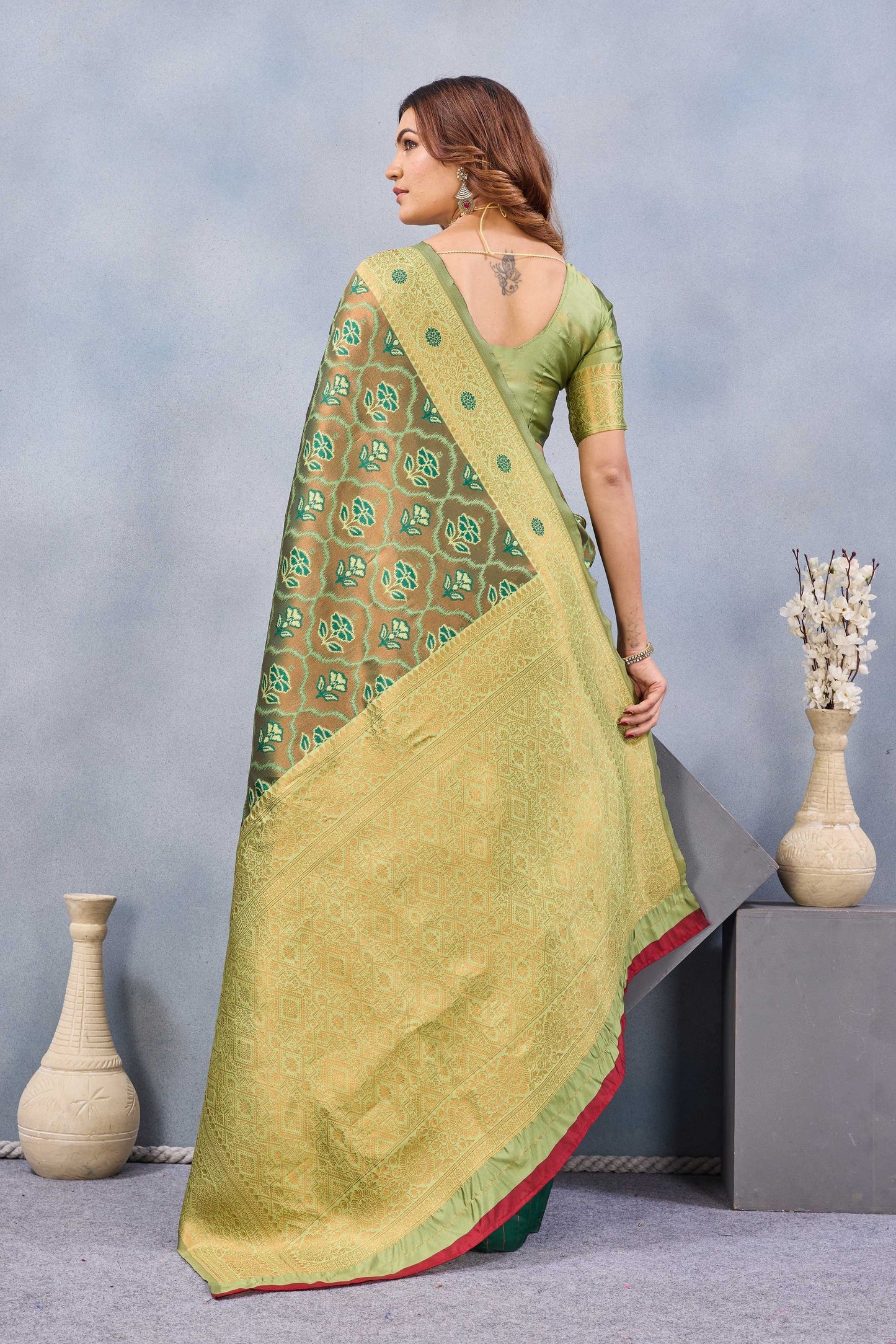 Divine International Trading Co Light Green Soft Silk Blend Banarasi Jacuard Work Designer Party Wear Saree With Unstitched Blouse Piece
