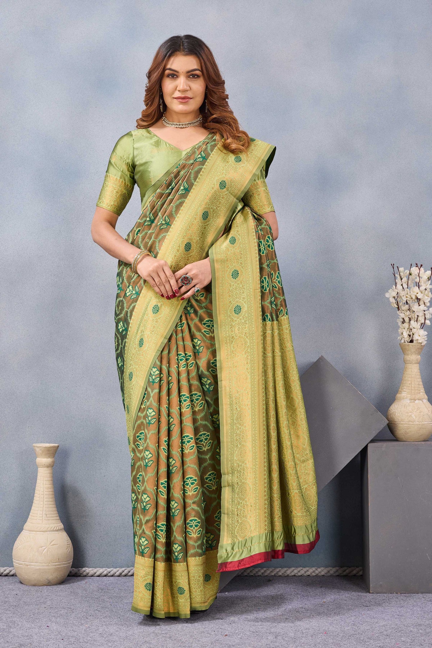 Divine International Trading Co Light Green Soft Silk Blend Banarasi Jacuard Work Designer Party Wear Saree With Unstitched Blouse Piece