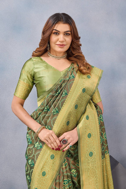 Divine International Trading Co Light Green Soft Silk Blend Banarasi Jacuard Work Designer Party Wear Saree With Unstitched Blouse Piece