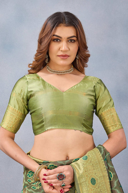 Divine International Trading Co Light Green Soft Silk Blend Banarasi Jacuard Work Designer Party Wear Saree With Unstitched Blouse Piece