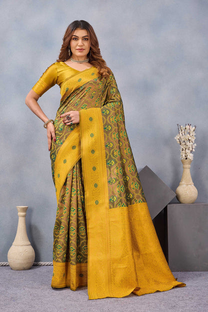 Divine International Trading Co Green Mustard Soft Silk Blend Banarasi Jacuard Work Designer Party Wear Saree With Unstitched Blouse Piece