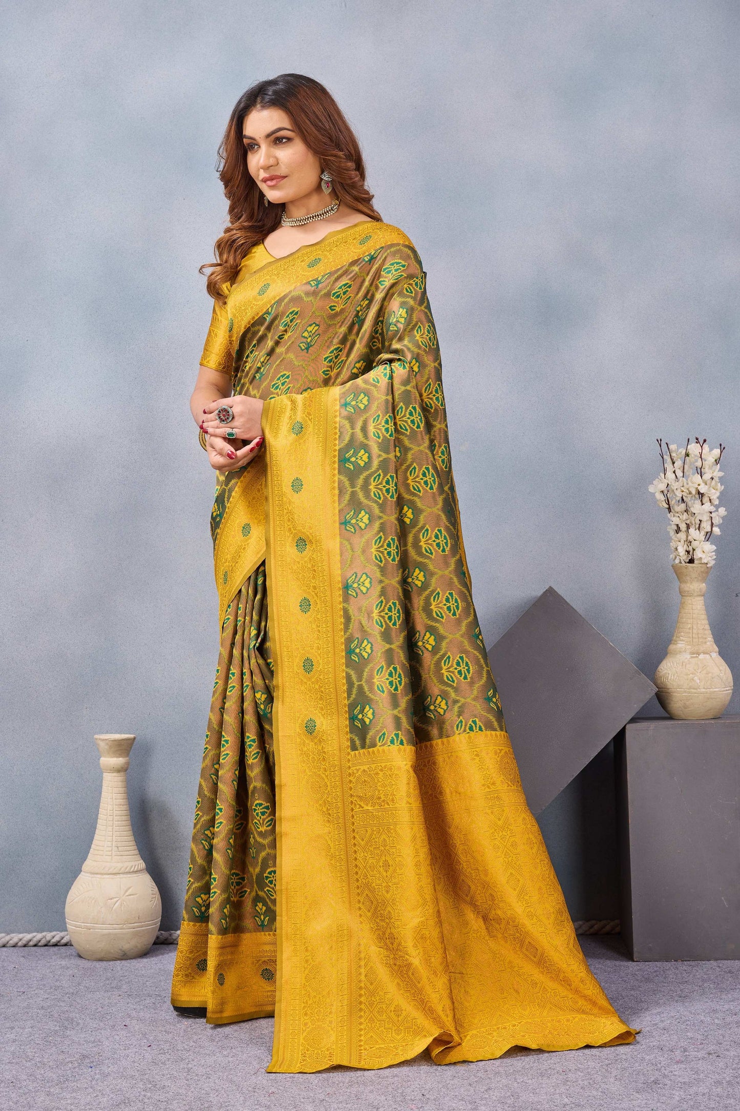 Divine International Trading Co Green Mustard Soft Silk Blend Banarasi Jacuard Work Designer Party Wear Saree With Unstitched Blouse Piece
